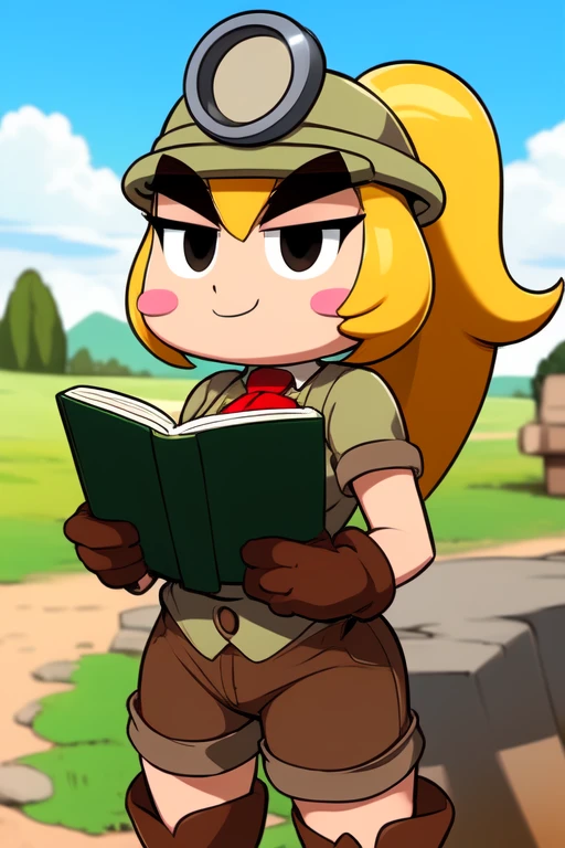 Goombella, mining helmet, blonde hair, ponytail, blush stickers, black eyes, thick eyebrows, short jumpsuit, red tie, short sleeves, brown gloves, zettai ryouiki, side locks, brown boots, short shorts, large breasts, outdoors, holding green book