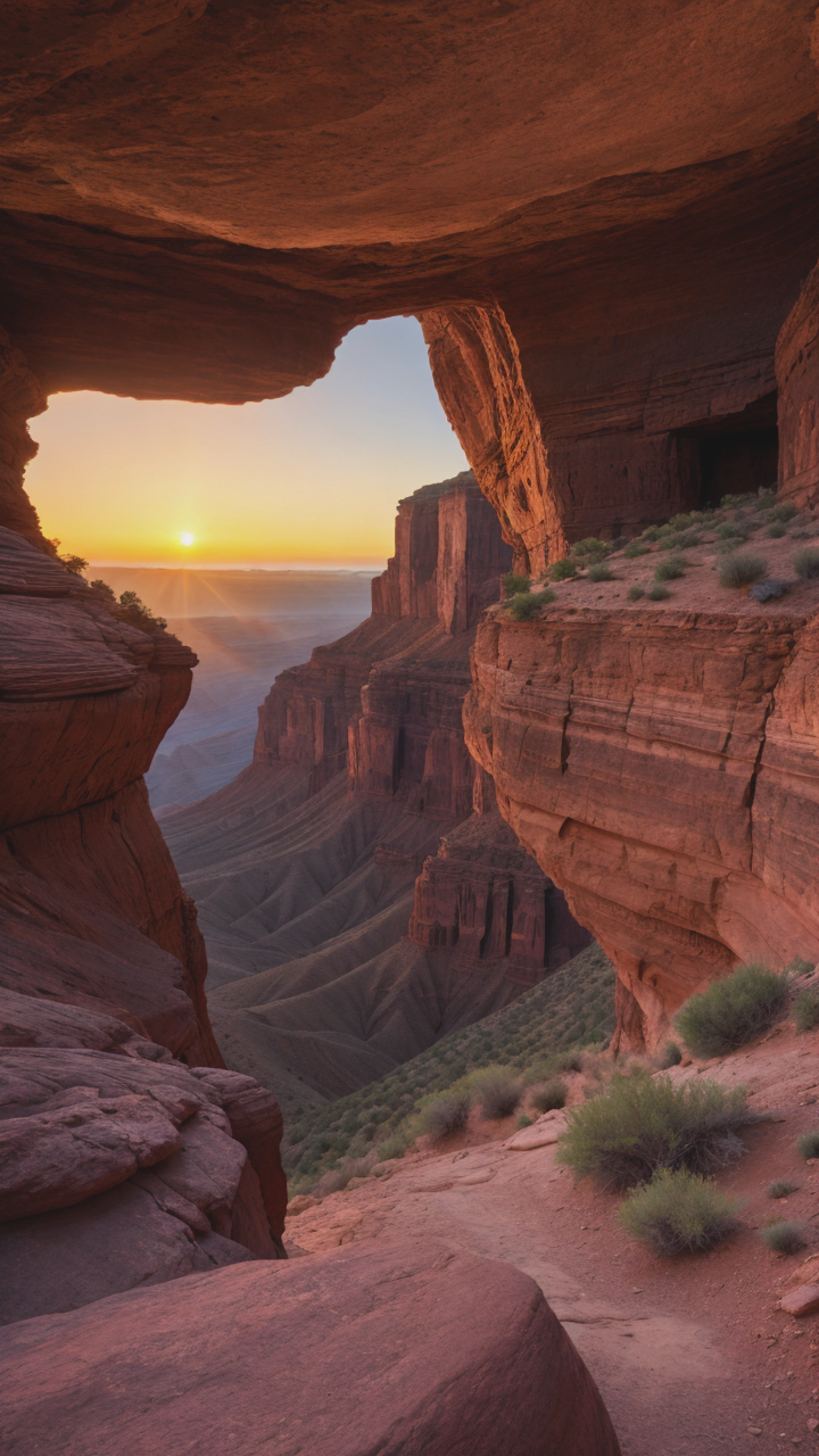 The grandeur of a deep canyon with layers of colorful rock formations, illuminated by the warm light of sunset Realistic, 8k, natural color, natural vibe.