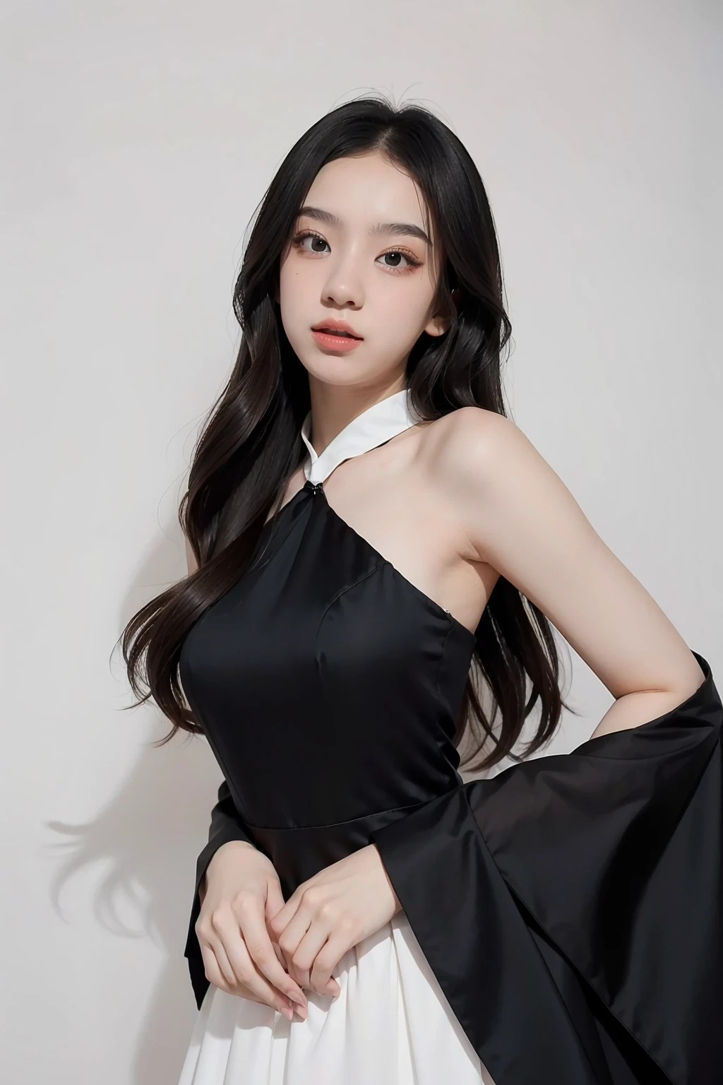 1girl, black  formal long dress,white background,    <lora:MildLaos-04:1>