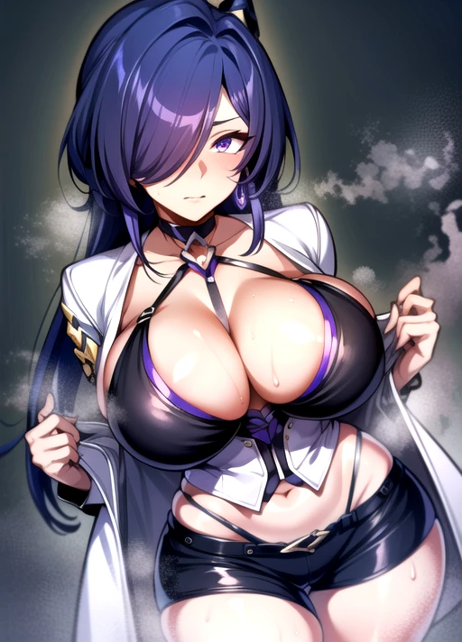 (best quality:1.0), highres, beautiful, 1girl, (big breasts, curvy breasts:1.2), best quality, beautiful detailed eyes, ((ultra-detailed)), (masterpiece:1.0), symmetrical eyes, symmetrical face, perfect skin, (absurdres:1.2), mature female, steaming body, sweaty body,  shiny skin, soft lighting, narrow waist, wet body, thick thighs, hourglass figure, photography, 8k, perfect lighting, cameltoe, thick thighs, intricate detail, skin tight, ((wet and sweaty body)), ((steaming body)), blush, lipstick, long fingernails, makeup, shiny, shiny skin, solo, curvy, long hair,  <lora:Acheron4:0.8>, purple hair, hair over one eye, purple eyes, ((white jacket, purple patterns)), shorts, (white streaks), (sheathed sword on back),  <lora:add_detail:0.6>