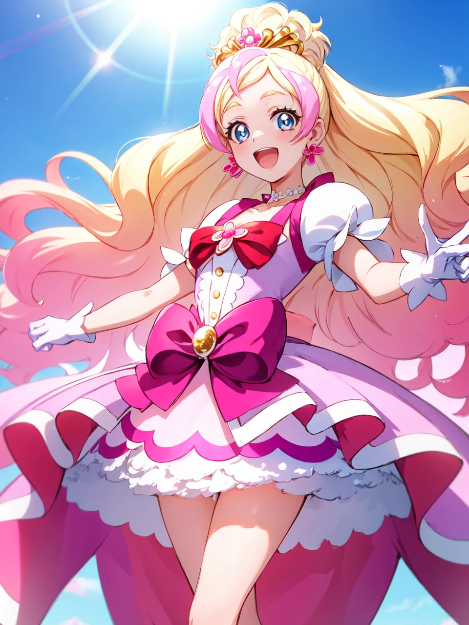 masterpiece, best quality, looking at viewer, depth of field, standing, full body, open mouth,
1girl, <lora:locon_cure_flora_01:0.85>, cure flora, white gloves, ribbon, hair ornament, white footwear, earrings, puffy short sleeves, tiara, petticoat,
smile, ((gradient background)), lens flare,