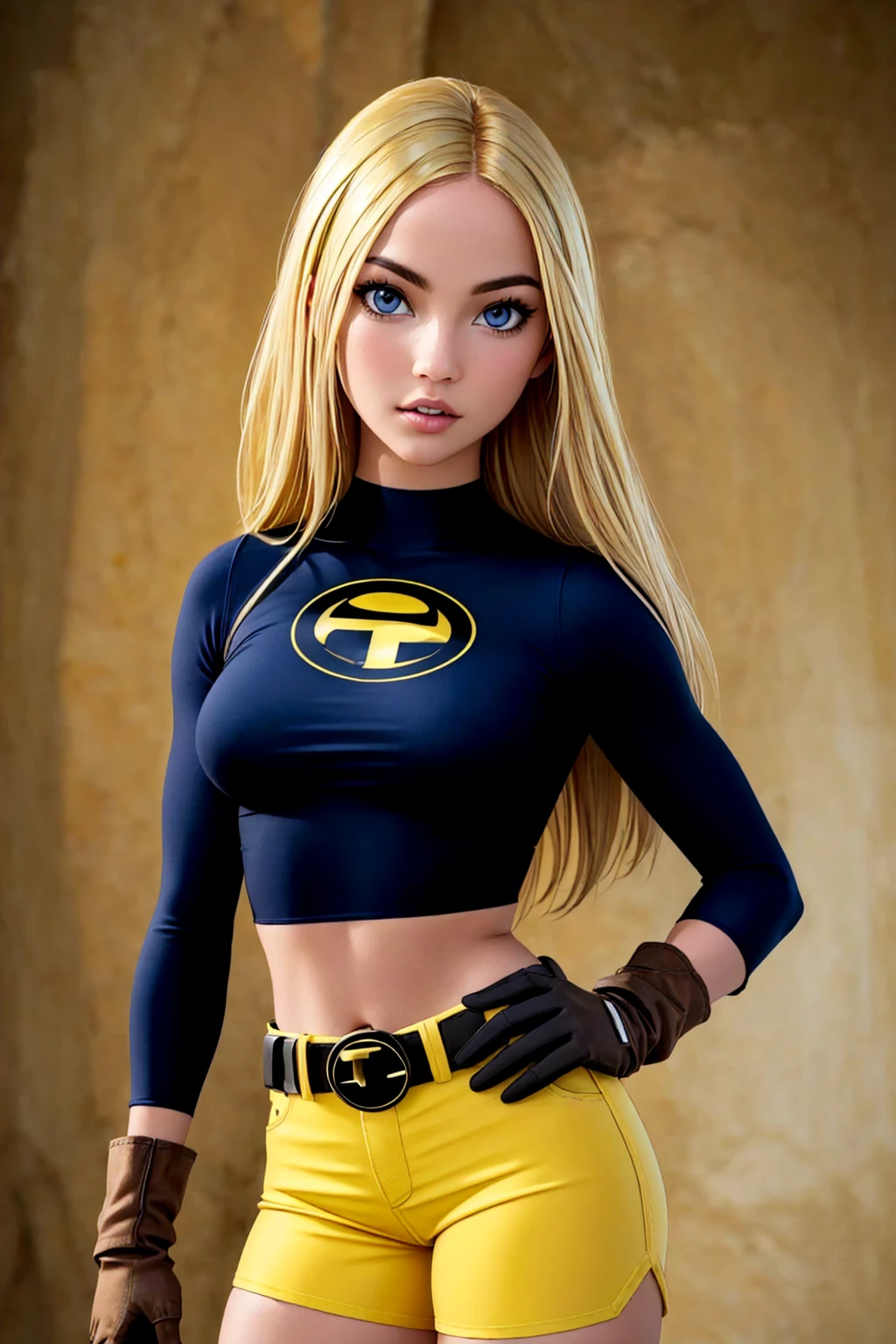 (Terra), (black crop top, belt, yellow shorts,  blue eyes , gloves,  )
(extremely detailed),(high quality), (realistic:1.2),(looking at viewer, )
 <lora:Terra_v0.1:1>  <lora:add_detail:0.5>