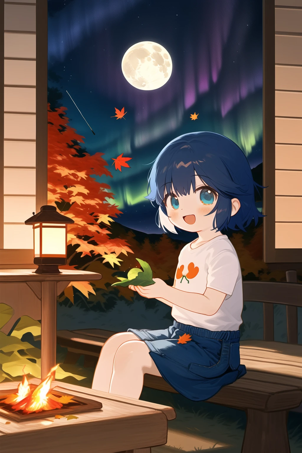 1girl,solo,autumn leaves, maple leaf, star (sky), starry sky, leaf, autumn, rating:safe, tree, campfire, sky, night sky, night, shooting star, falling leaves, sunset, fire, cloud, shirt, bare tree, twilight, aerial fireworks, cup, gradient sky, dusk, onsen, sitting, fireworks, holding leaf, leaf print, open mouth,  outdoors, skirt, milky way, looking at viewer, blue eyes, cloudy sky, lamppost, evening, moon, smile, food, grapes, ginkgo leaf, white shirt, orange sky, leaf hair ornament, blue sky, aki shizuha, goldfish, bangs, holding, sweet potato, light particles, leaves in wind, starry sky print, short sleeves, table, branch, t-shirt, window, starfish, holding cup, bench, lantern, blue skirt, burning, palette (object), denim, full moon, aurora, :d, blush, pleated skirt