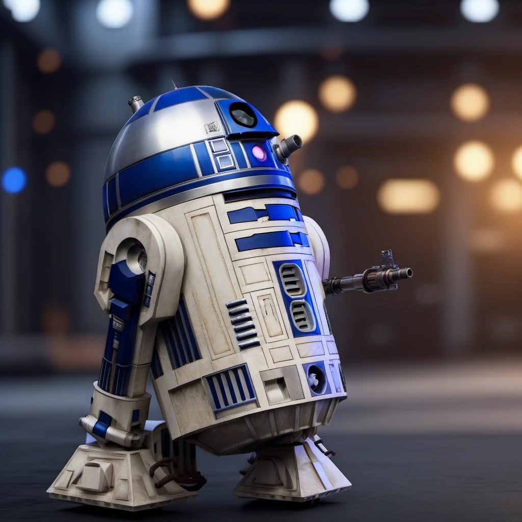 R2D2-1024, a robot weaponized with a machinegun, highly detailed, photography, ultra sharp, film, bokeh, professional, 4k <lora:R2D2-1024:0.7>