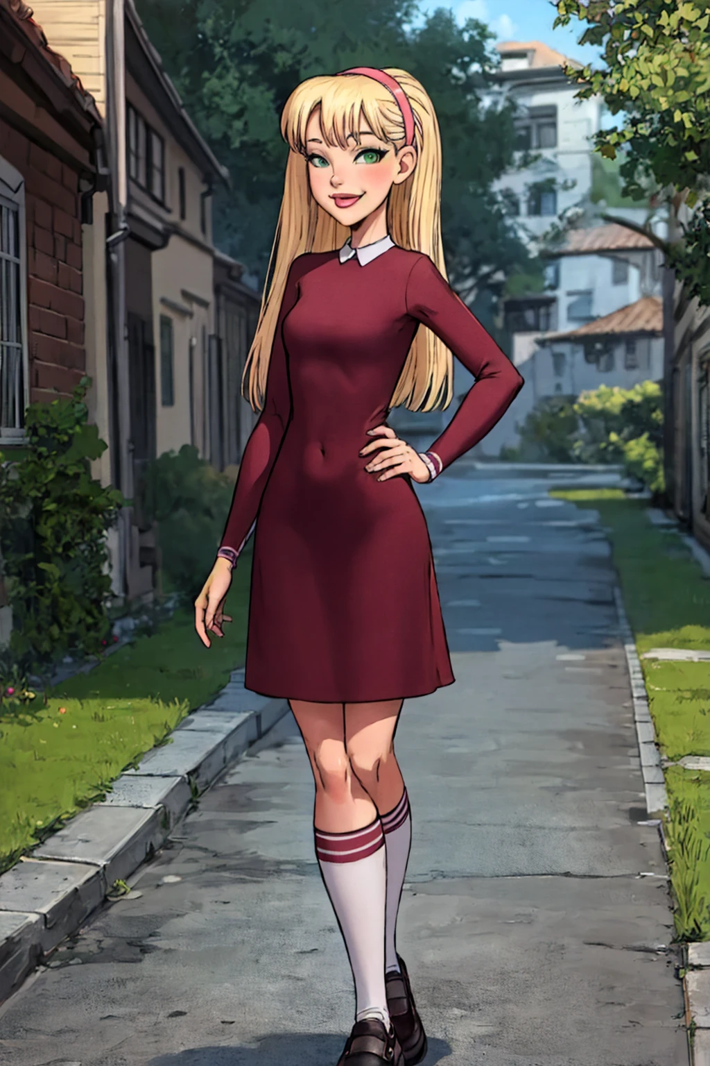 1girl, blonde hair, hairband, long hair, nat, pink hairband,dress,socks,shoes,lips, smile, solo,looking at viewer, smile, standing, hand on hip, green eyes <lora:Nat(AP)-000008:0.75>