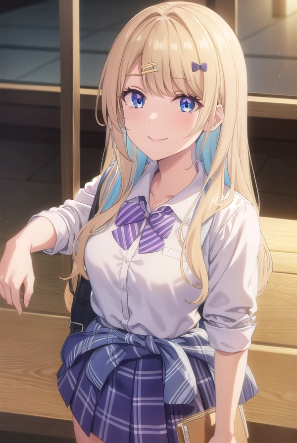 lunashirakawa, <lora:luna shirakawa s1-lora-nochekaiser:0.8>,
luna shirakawa, long hair, blue eyes, blonde hair, hair ornament, bow, multicolored hair, hairclip, smile,
BREAK skirt, shirt, thighhighs, bow, school uniform, white shirt, pleated skirt, shoes, black thighhighs, bowtie, blue skirt, plaid, plaid skirt, loafers, purple bow, clothes around waist, gyaru, purple bowtie,
BREAK looking at viewer,
BREAK indoors, classroom, (cowboy shot:1.5),
BREAK <lyco:GoodHands-beta2:1>, (masterpiece:1.2), best quality, high resolution, unity 8k wallpaper, (illustration:0.8), (beautiful detailed eyes:1.6), extremely detailed face, perfect lighting, extremely detailed CG, (perfect hands, perfect anatomy),