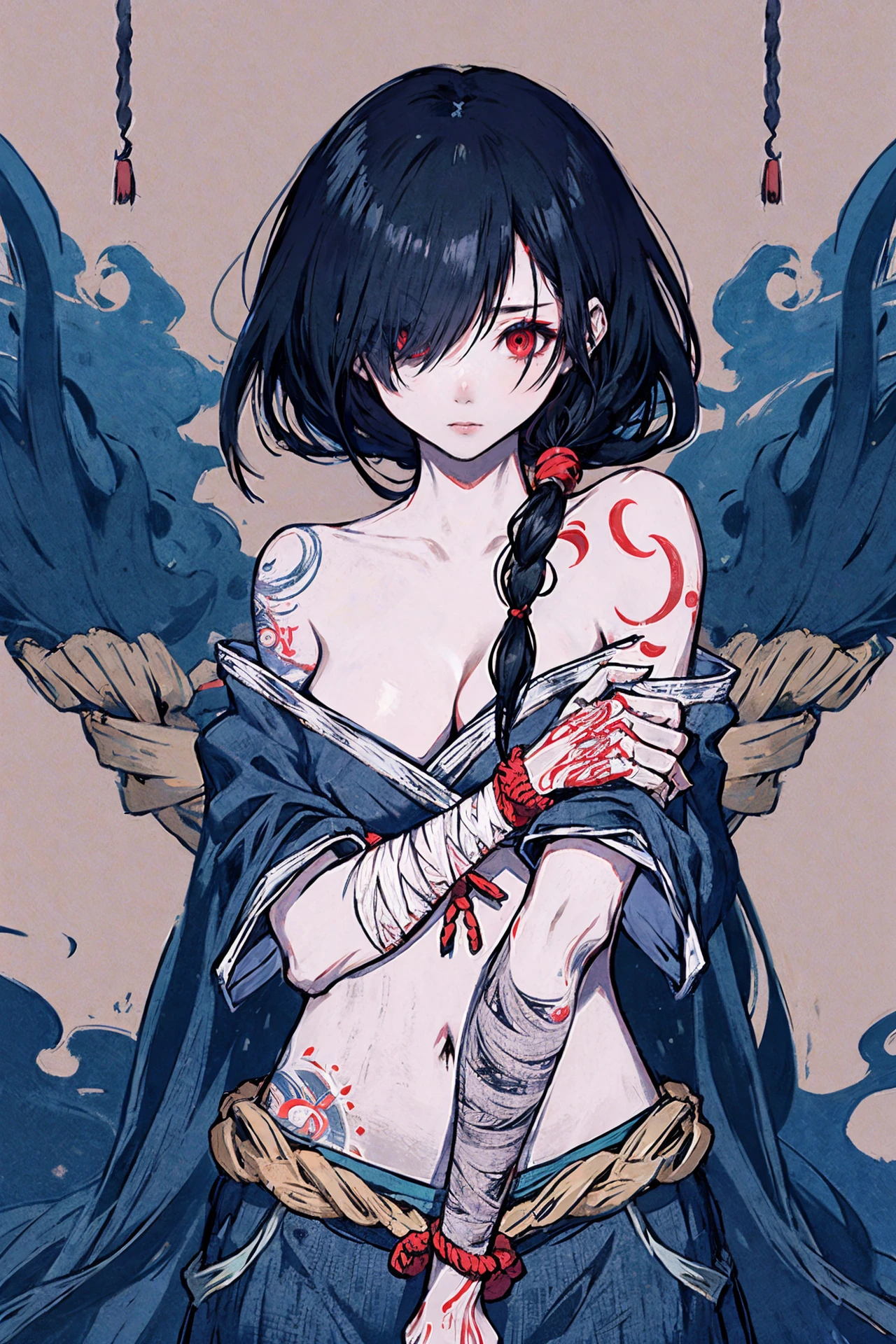 1girl, solo, tattoo, bandages, black hair, breasts, long hair, bandaged arm, bare shoulders, red eyes, hair over one eye, japanese clothes, rope, looking at viewer, cleavage, off shoulder
/////////// <lora:AkramBham:1>, <lora:ç»ä¸½çå
å½±:0.2>,<lora:add_detail:0.35>, <lora:adaptedmodel:0.35>