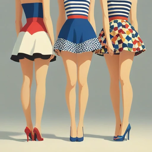 Colorful vector artwork of three women's short skirts, cropped image, by Malika Favre <lora:Malika_Favre_Style_XL>