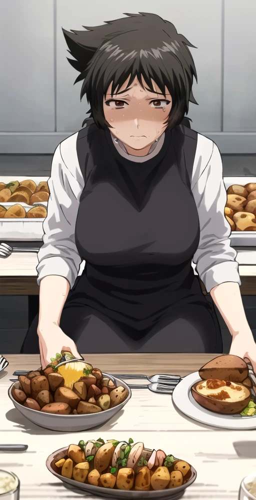 MM, 1girl, solo, portrait, sitting at table, holding fork, plate, ((lots of baked potatoes, big baked potato)), bummed expression, sweat drop, fine detail, perfect quality, good quality, masterpiece, HDR, UHD <lora:Maggie Mui:0.7>