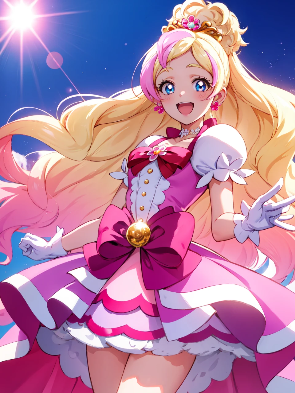 masterpiece, best quality, looking at viewer, depth of field, standing, full body, open mouth,
1girl, <lora:locon_cure_flora_01:0.85>, cure flora, white gloves, ribbon, hair ornament, white footwear, earrings, puffy short sleeves, tiara, petticoat,
smile, ((gradient background)), lens flare,