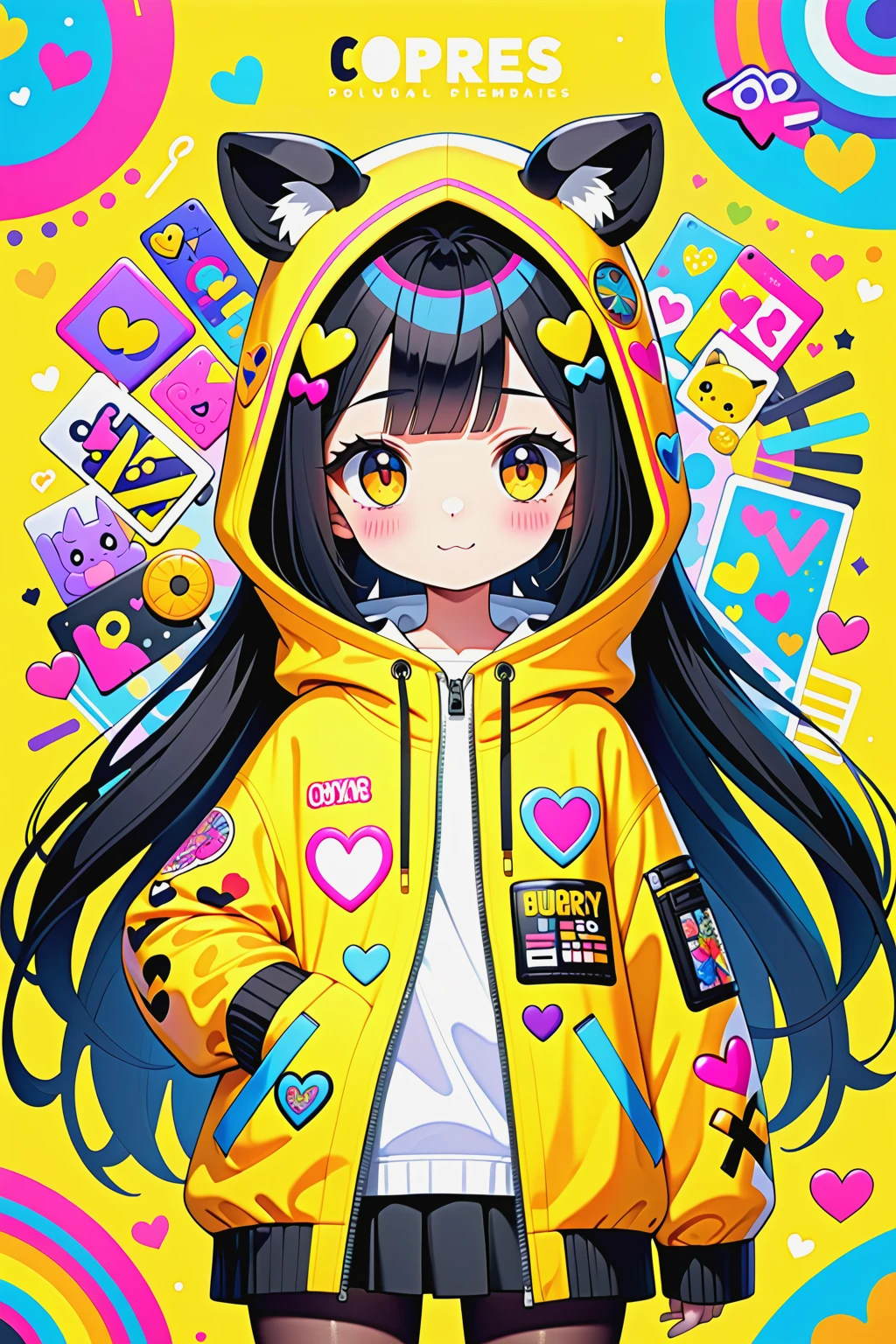 1girl, black hair,
âDesign a colorful full illustration of a quirky individual in a giraffe hood, with a backdrop filled with playful characters and graffiti. The outfit is a bright yellow with tiger patterns and adorned with various patches, pins, and stickers, including hearts and amusing phrases. The surrounding environment should reflect a busy, urban street art vibe, with an assortment of contrasting, vibrant elements.â
