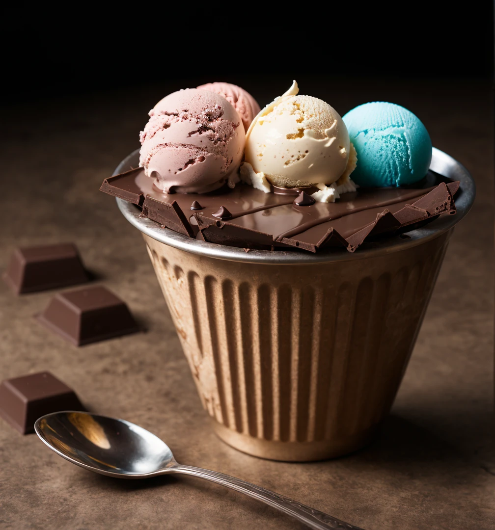 ice cream, chocolate,  intricate detail ,dark background , HD. Photography, table