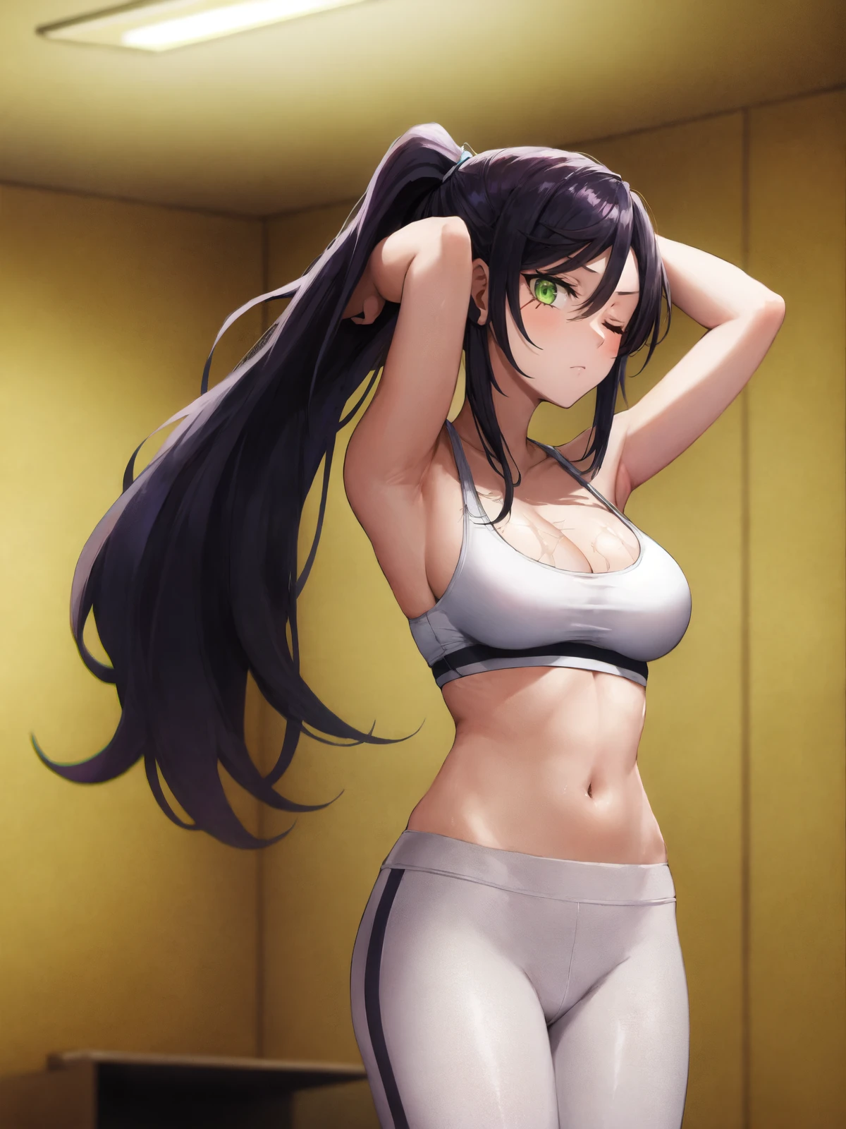 SLE, mksks style, detailed background absurdres, highres, chromatic aberration, cowboy shot, <lyco:GoodHands-beta2:1.0>,
BREAK solo, 1girl, <lora:Brunhilde:1>, brunhilde, green eyes, ponytail, (multiple scars, scar on chest, scar on breasts, scar on arm),
BREAK white sports bra, blue trim, cleavage, white yoga pants, blue trim,
BREAK standing, adjusting hair, arms up, hands in hair, one eye closed, expressionless, looking at viewer,
BREAK gym, ceiling light, indoors