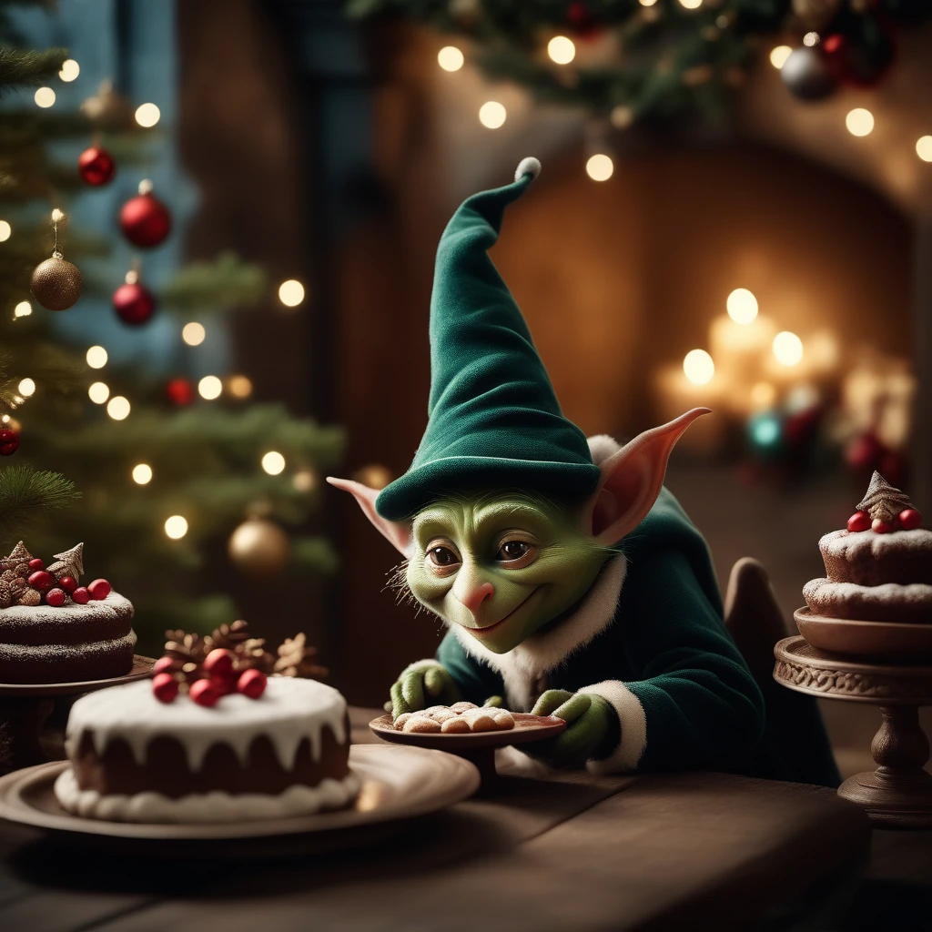 cinematic film still  <lora:sdxl_quiron_Chritsmas_v3_lora:0.87> ChristmasQuiron style, Christmas, Christmas tree, Christmas decorations,  medieval goblin eating cakes painted by hieronymus bosch, detailed digital art, trending on Artstation. . shallow depth of field, vignette, highly detailed, high budget, bokeh, cinemascope, moody, epic, gorgeous, film grain, grainy