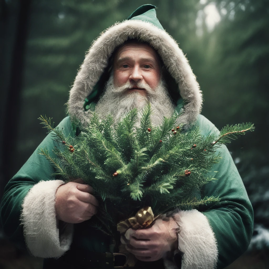 sc, portrait, father christmas holding a evergreens clippings, <lora:KK__Traditional_Father_Christmas_SDXL:1>