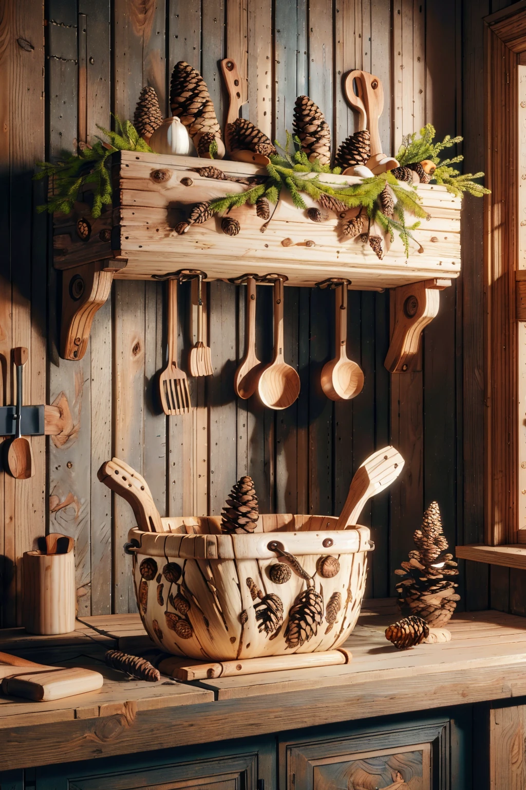 masterpiece, best quality, <lora:evergreen-nvwls-v1:1> evergreenstyle kitchen, pine cones, wood