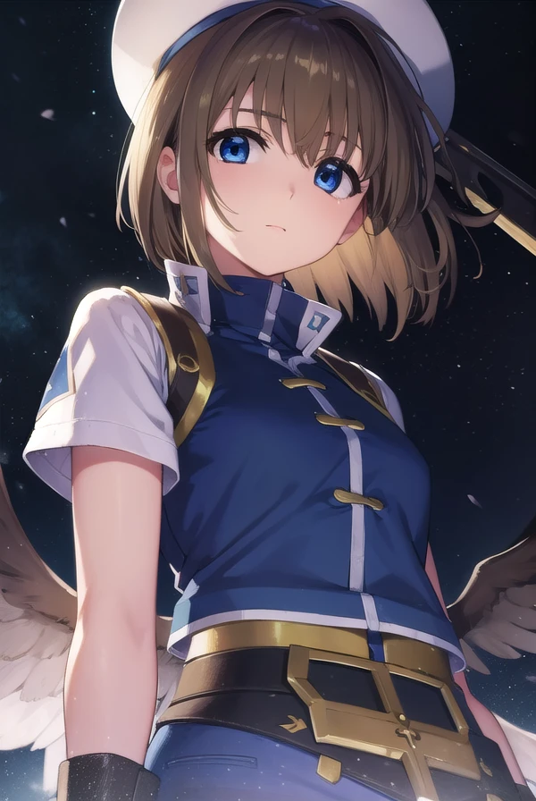 hayateyagami, <lora:hayate yagami v2-lora-nochekaiser:1>,
hayate yagami, yagami hayate, short hair, blue eyes, brown hair, hair ornament, x hair ornament,
BREAK fingerless gloves, gloves, hair ornament, hat, magic circle, magical girl, waist cape, wings,
BREAK outdoors, night, sky, starry sky, star \(sky\), moon,
BREAK looking at viewer, (cowboy shot:1.5),
BREAK <lyco:GoodHands-beta2:1>, (masterpiece:1.2), best quality, high resolution, unity 8k wallpaper, (illustration:0.8), (beautiful detailed eyes:1.6), extremely detailed face, perfect lighting, extremely detailed CG, (perfect hands, perfect anatomy),