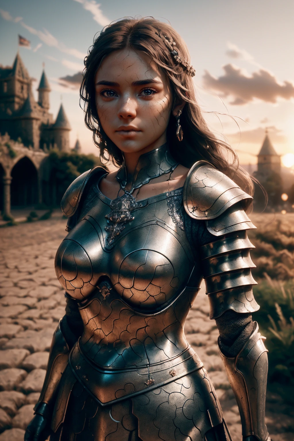 (masterpiece), (extremely intricate:1.3), (realistic), portrait of a girl, the most beautiful in the world, (medieval armor), metal reflections, upper body, outdoors, intense sunlight, far away castle, professional photograph of a stunning woman detailed, sharp focus, dramatic, award winning, cinematic lighting, octane render  unreal engine,  volumetrics dtx, (film grain, blurry background, blurry foreground, bokeh, depth of field, sunset, motion blur:1.3), chainmail <lora:ral-drath-sd15:1> drath