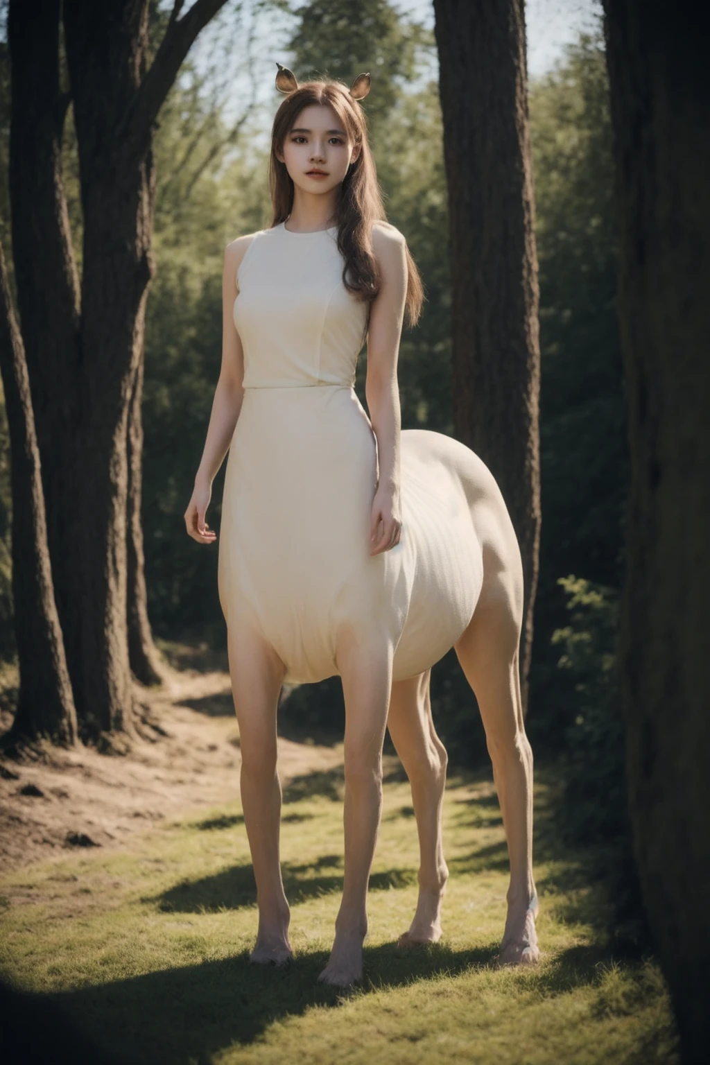 (Best quality:1.1),(highly details:1.1),<lora:centaur2:0.8>,full body full color cinematic photo of a female centaur:1.2,standing,hooves,4 legs,looking at viewer,1girl,white hair,long hair,breastplate,gauntlets,realistic,depth of field,blurry background,distant medieval forest,photorealistic,analogue photography,low key lighting,