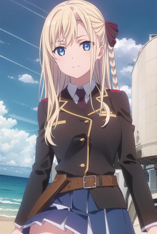 mashiromwilhelminabraunschweigingenohlfriedeburgnetani, <lora:wilhelmina braunschweig ingenohl friedeburg s1-lora-nochekaiser:1>,
wilhelmina braunschweig ingenohl friedeburg, long hair, blue eyes, blonde hair, braid, hair braid, single braid, ribbon, hair ribbon, smile,
BREAK skirt, thighhighs, striped, belt, uniform, zettai ryouiki, military, military uniform, striped thighhighs,
BREAK outdoors, ocean, boat, navy,
BREAK looking at viewer, (cowboy shot:1.5),
BREAK <lyco:GoodHands-beta2:1>, (masterpiece:1.2), best quality, high resolution, unity 8k wallpaper, (illustration:0.8), (beautiful detailed eyes:1.6), extremely detailed face, perfect lighting, extremely detailed CG, (perfect hands, perfect anatomy),