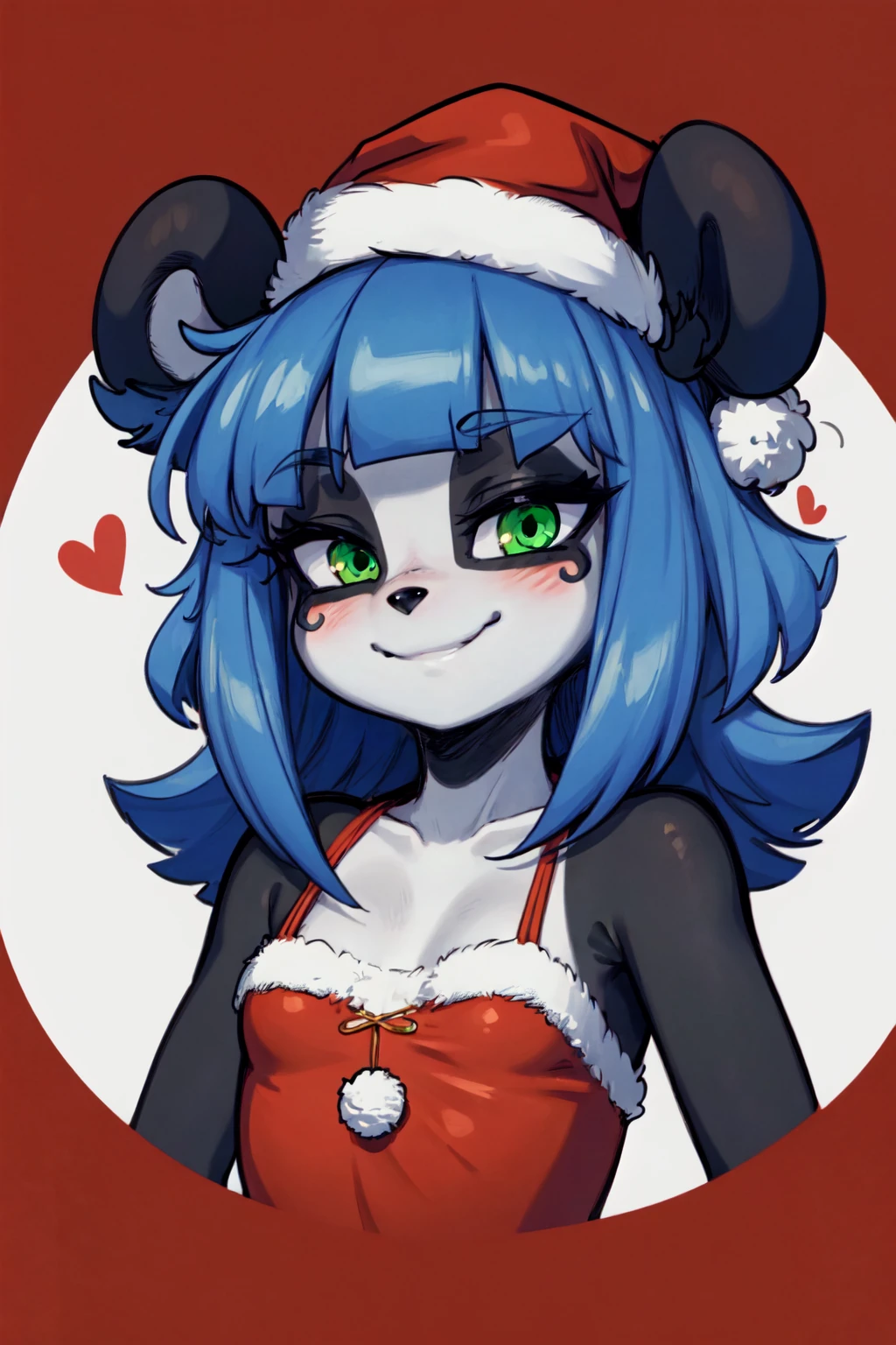 furry, (black and white fur), 1girl, masterpiece, green eyes, best quality, animal nose, gold hearts, eye makeup, Nuwa Nightstone, blue hair, (panda girl), panda ears, <lora:NuwaProto2:1>, santa costume, santa hat, upper body, flat chest, red background, snowflake, halftone background, smile, blushing