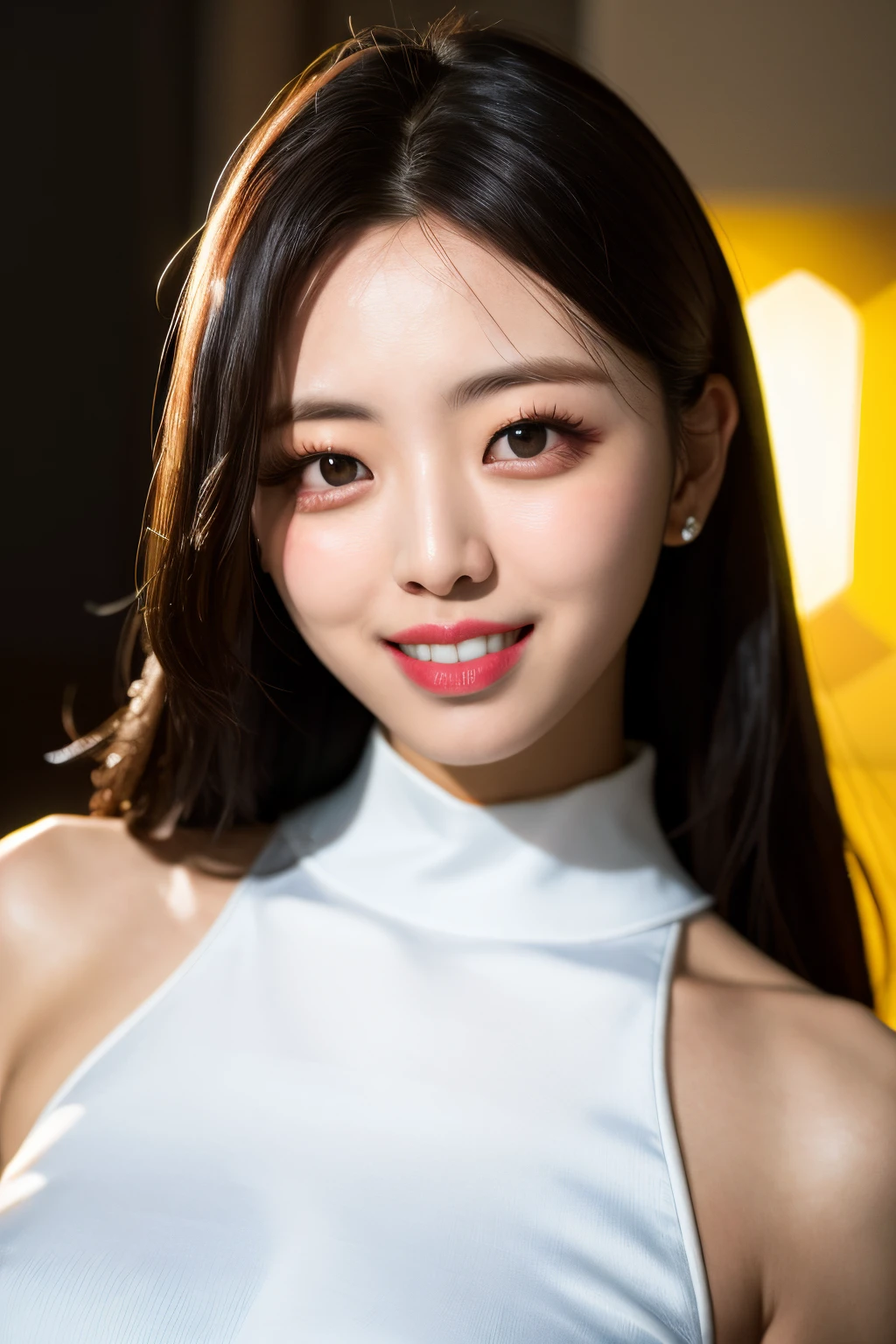 <lora:ITZY Yuna:1>, ITZY Yuna, face, turtleneck, close up, 1girl, solo, long_hair, looking_at_viewer, smile, teeth, realistic, head tilt, looking at viewer, photograph, photorealistic, beautiful and aesthetic, extremely detailed skin, extremely detailed hair, shadows, masterpiece, top quality, best quality, highres, ultra-high res, ultra-detailed, detailed lighting, high key lighting, vignetting,