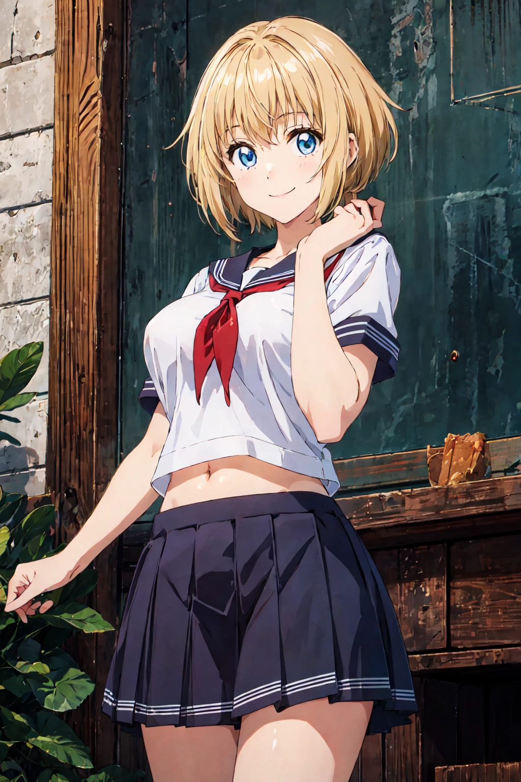 masterpiece, best quality, , artearte, 1girl, solo, blue eyes, blonde hair, short hair, ponytail, <lora:arte3:0.7>  , cowboy shot,  large breasts,  looking at viewer,   serafuku,  miniskirt, sailor collar,  short sleeves,   smile, school uniform, school, navel,