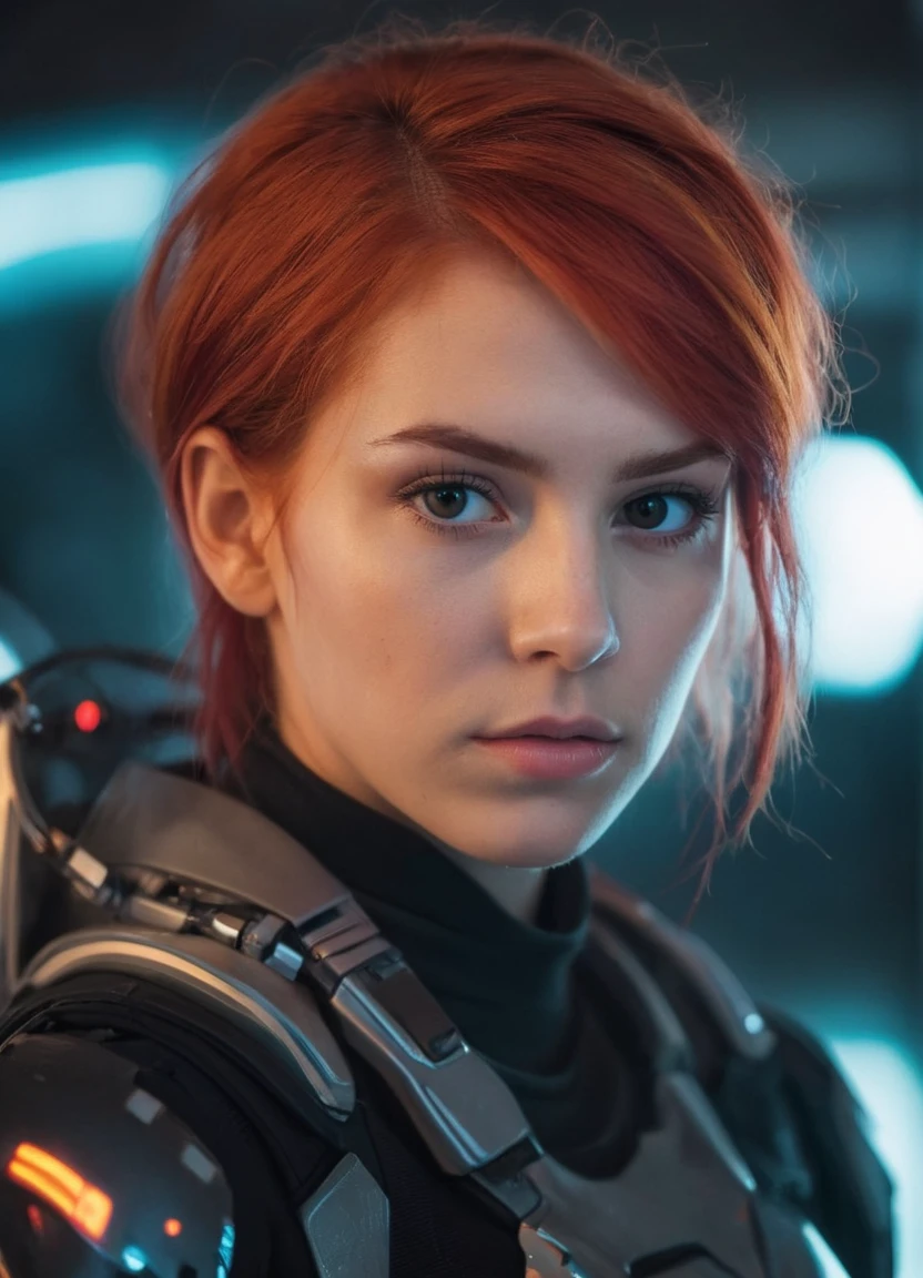 Best quality, Raw photo, face portrait, a young cyborg woman with fiery red hair. Her face fills the frame, bathed in neon hues, exuding determination and mystery amidst a futuristic backdrop