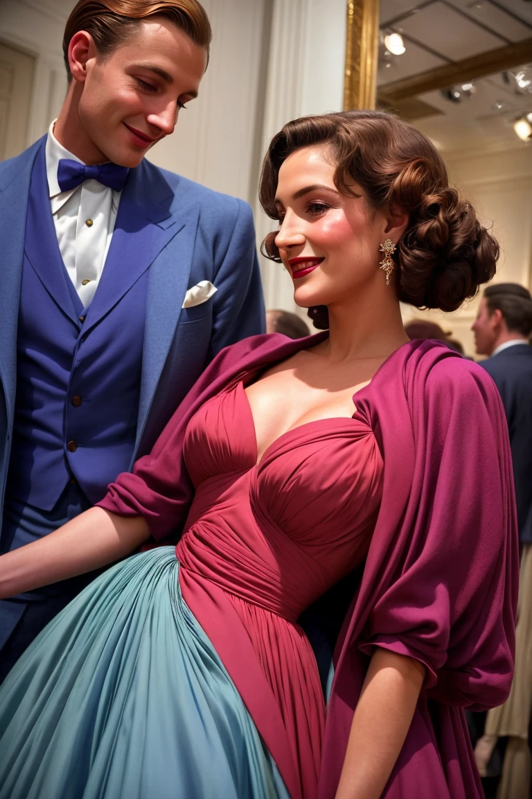 circa 1948, medium close-up of a woman in a dress:gown and jacket by Madame Gres is flirting with a man in a suit at an artistic salon party, lively crowd of high-class men and women <lora:gres_1940s_v1:1.1>  smile