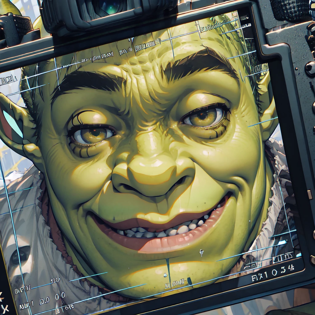 1boy, IncrsViewFinder, pov, viewfinder, camera, <lora:ViewfinderCamera:1.3>, shrex, green skin, ogre, shrek, <lora:Char_Sigmas_Shrek:0.75>, smirk, upper body,