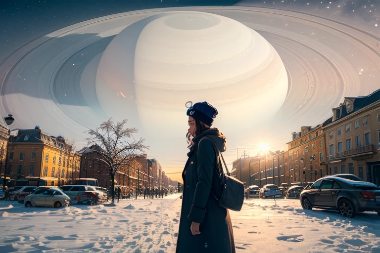 woman, on street, winter outfit, coat, winter cap,
(planet in sky, at morning, saturn, planet rings),
<lora:planets:0.7>