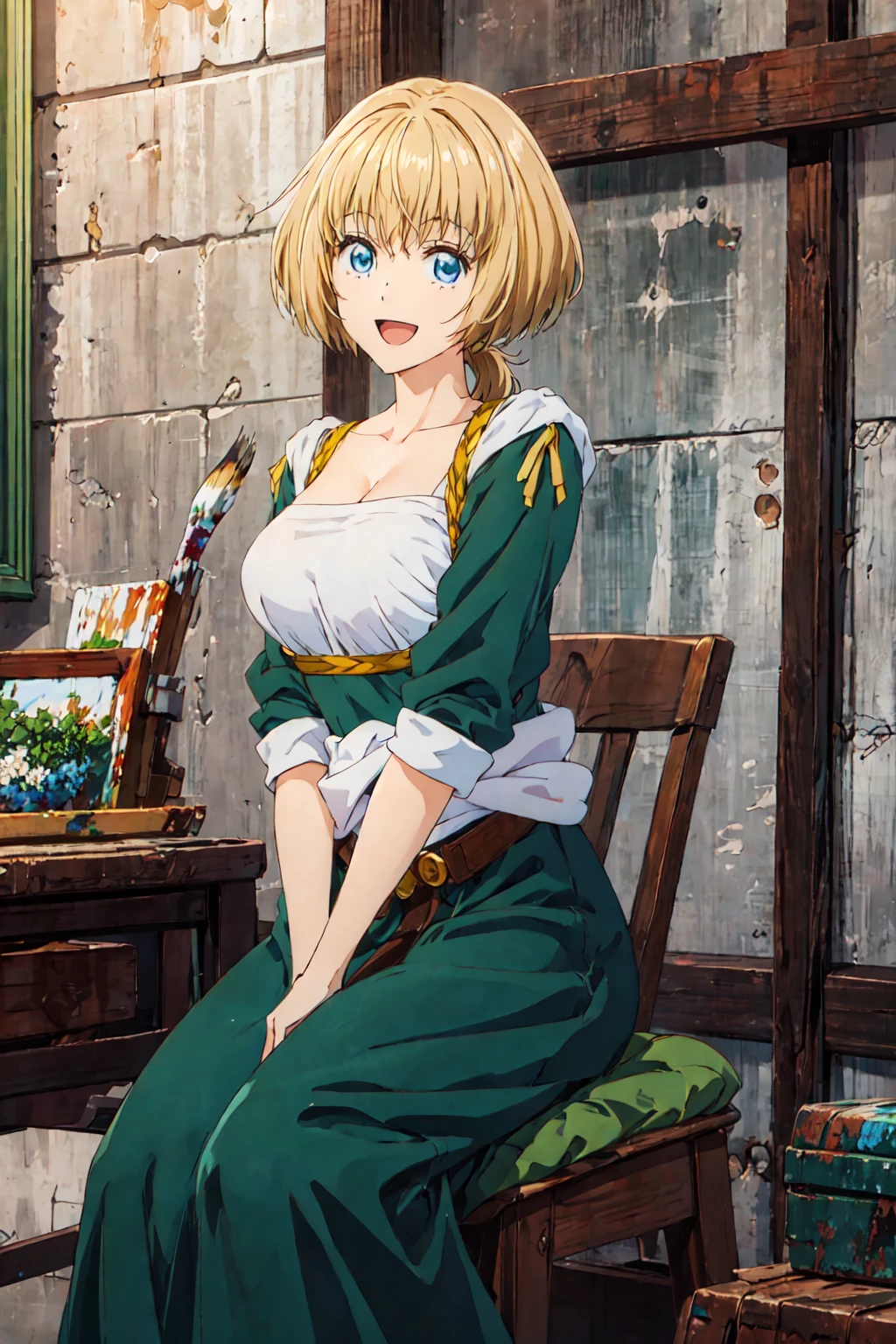 masterpiece, best quality, , artearte, 1girl, solo, blue eyes, blonde hair, short hair, ponytail, <lora:arte3:1> , cowboy shot, painting \(action\), paintbrush, looking at viewer, sitting, large breasts, smile. open mouth, green dress, belt