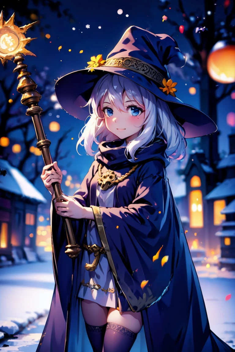 anime, cute girl, wizard hat, robe, thigh-highs, holding ancient staff, happy, midnight, bloom, ambient occlusion, glow, glowing lights, light particles, transparent, translucent, bokeh, depth of field, snow, wind