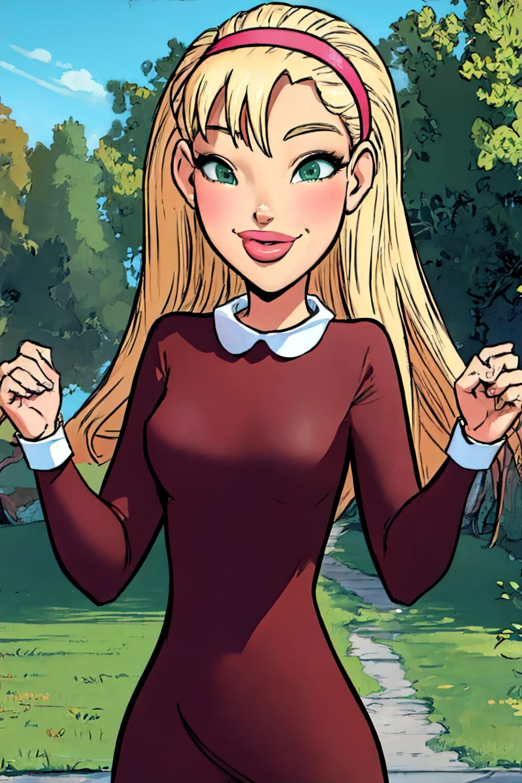 1girl, blonde hair, hairband, long hair, nat, pink hairband,dress,upper body,lips, smile, solo,looking at viewer, smile, standing, , green eyes,breasts,long sleeves, collar, <lora:Nat(AP)-000008:1.0>