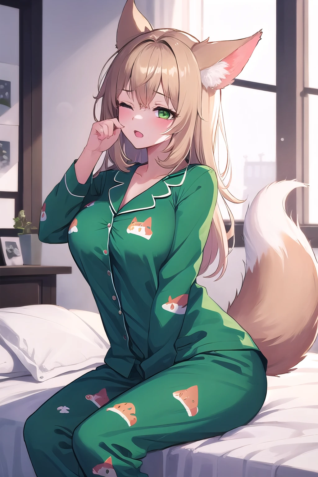 solo, masterpiece, hires,high resolution, best quality, 1girl,large breasts, mature female,fox girl, green eyes, sitting on bed, waking up, one eye closed, teary eyes, <lora:wake_up:1>, green pajama, pajama with cat print, wakeupeye, rubbing eyes