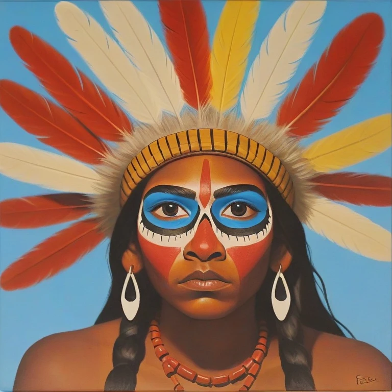 Oil painting on canvas of a native Brazilian Indian wearing a crown of feathers and face paint, signed Ester Malheiros, brazil street art style <lora:Brazil_Street_Art>