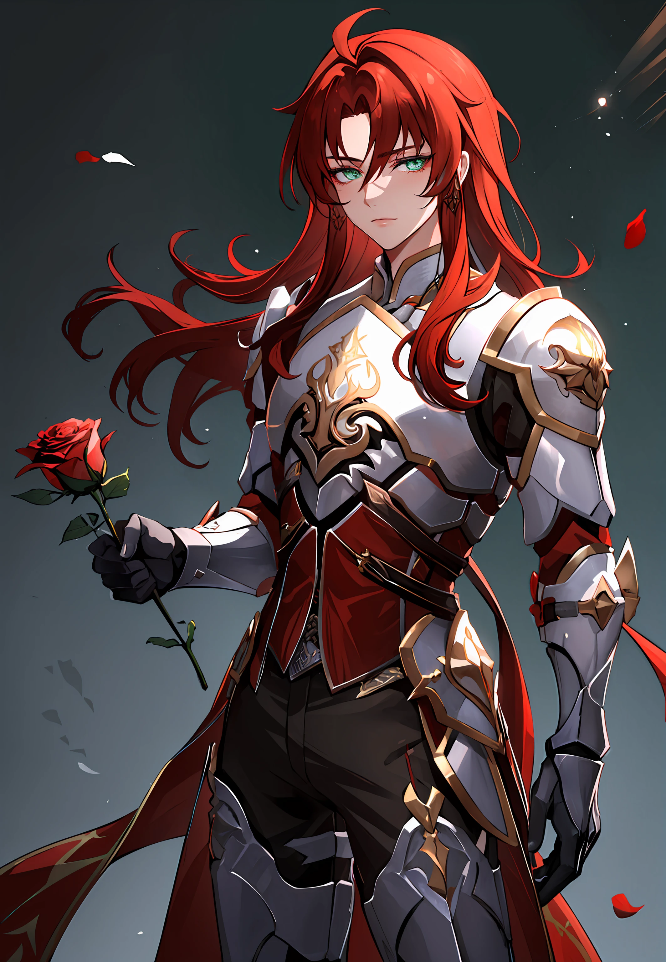 ((masterpiece,best quality)), 1boy, argenti, green eyes, armor, gaunlets, armored boots, holding red rose, cowboy shot, simple background,