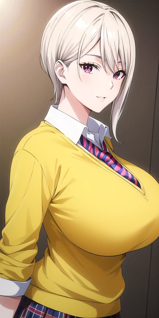 <lora:nakiri_aliceV3:0.65> nakiri_alice, huge_breasts, standing, solo, School_uniform_White_shirt_Brown_miniskirt_Yellow_sweater_Red_necktie, masterpiece, best quality, detailed face, detailed eyes, highres,