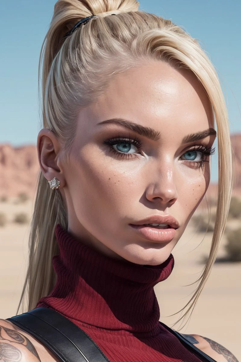 portrait of S256_KayleighSwenson,a gorgeous woman,in a (desert:1.1),wearing a (turtleneck:1.1),(blonde-hair),(ponytail),(4k, RAW photo, best quality, depth of field, ultra high res:1.1),(absurdres, intricate, photorealistic, masterpiece, ultra-detailed:1.2),