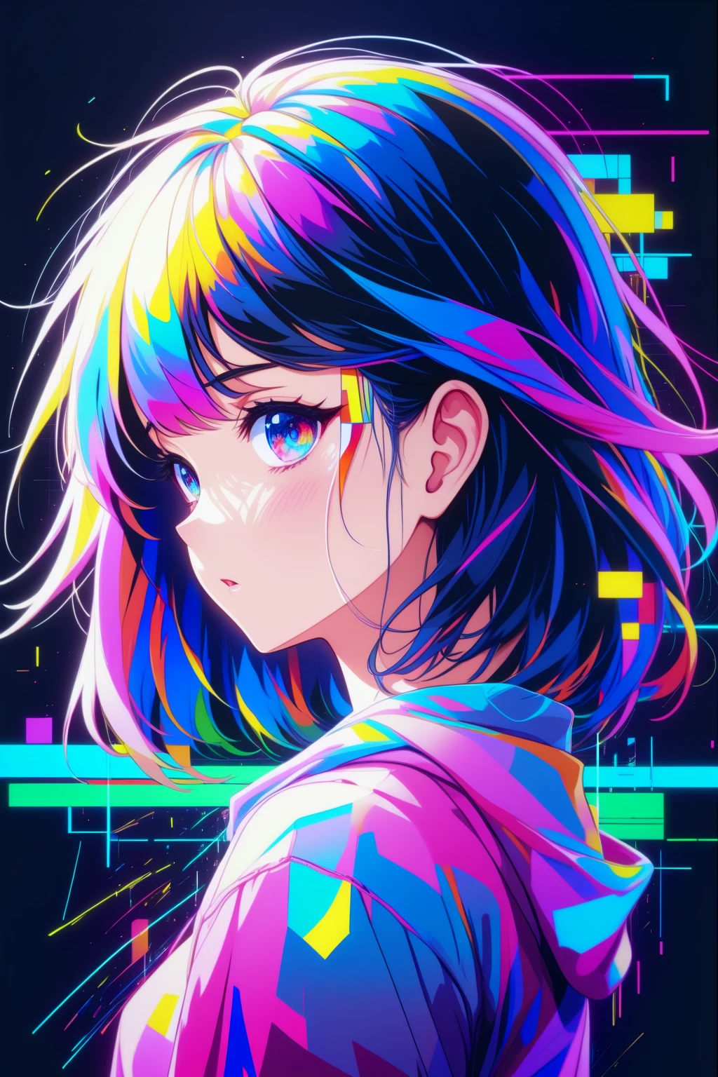 masterpiece, best quality, high quality, highres, absurdres,
1girl,glitch art, (digital distortion):1.2, pixelated fragments, data corruption, colorful noise, visual chaos, contemporary aesthetics