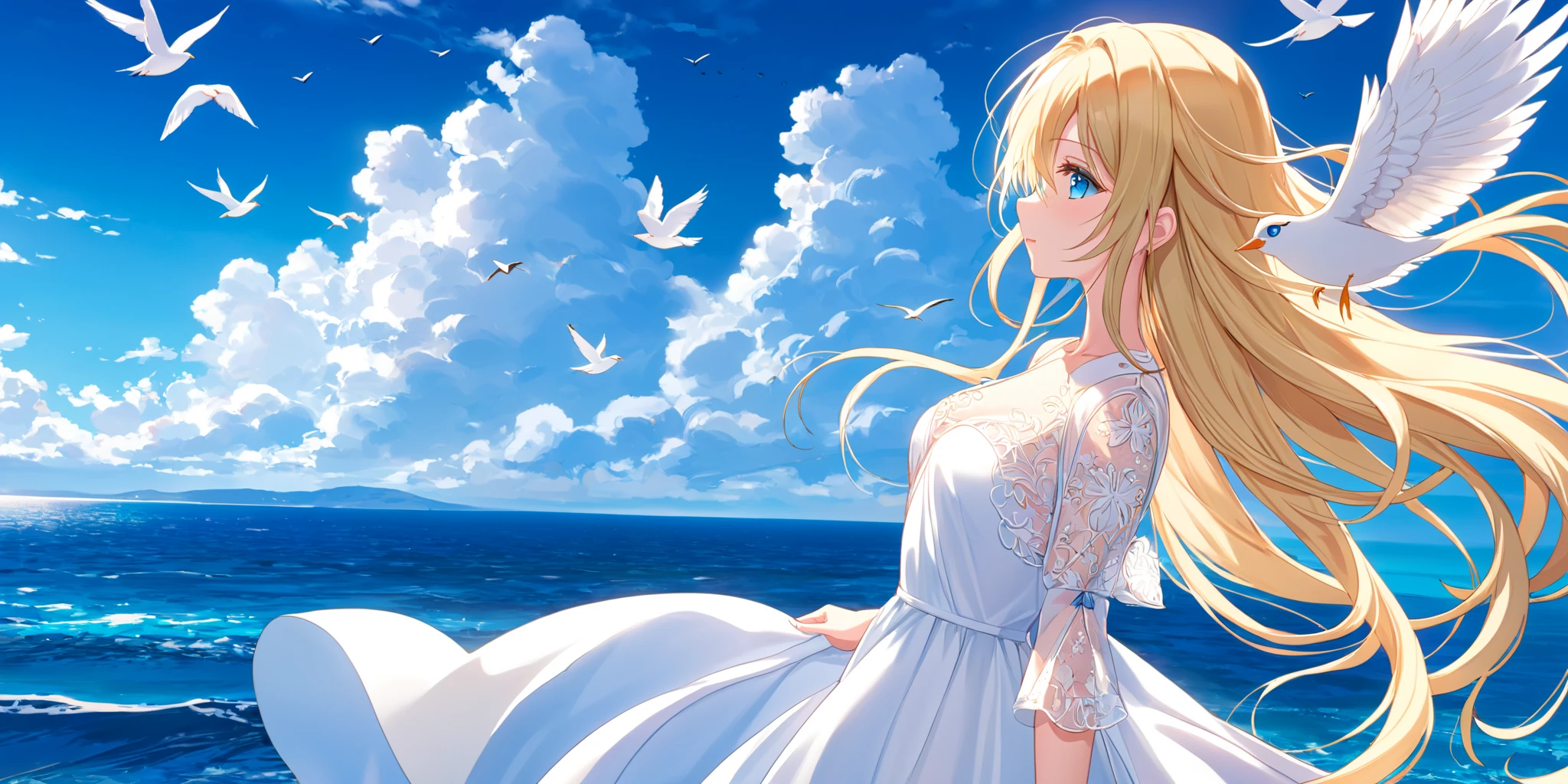 , nsfw,
masterpiece, best quality,
white dress, see-through dress,
blue eyes, tareme, medium breasts,,1girl, solo,blonde hair, long hair,
BREAK
1girl,, dress, , long hair, day, cloud,, outdoors, sky
, ocean, , , floating hair, bird, ,, blue sky, very long hair, looking at another, standing,, , horizon, , profile,, from side,