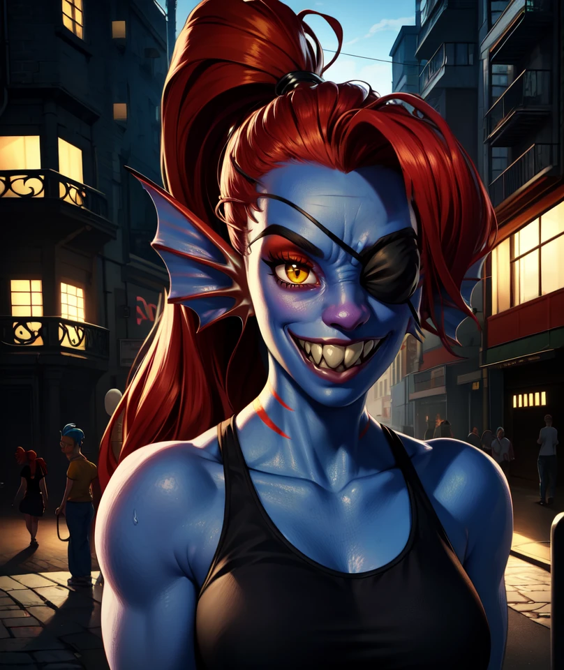 solo, 1girl, undyne, blue skin, female, (big bottom lip:1.3), (black lip gloss:1.3), buff, muscular, bodybuilder, amazon, huge, black leather collar, blue eyeshadow, (black latex bikini top:1.6), (black latex miniskirt:1.4), (nipple outline:0.7), (black heels:1.4), (street corner:1.4), hands on hips, late night, street light, standing upright, very tall, yellow teeth, sharp teeth, laughing, black eye patch, looking at viewer, by darkgem, by kevinsano, by BNG,