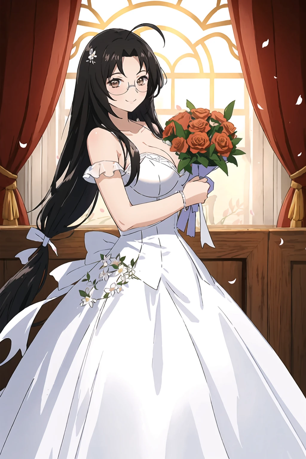 best quality,masterpiece,looking at viewer,huge filesize,
depth of field,1girl,breasts,
 <lora:003-ä¸éªå½å-è´¾è¯©æåV3:0.75> ,kaku bunwa,long hair,black hair,glasses,brown eyes,ahoge,twintails,
bouquet,breasts,brown hair,collarbone,dress,flower,full body,hair flower,hair ornament,holding,holding bouquet,large breasts,looking at viewer,see-through,see-through dress,see-through sleeves,smile,solo,wedding dress,white dress,