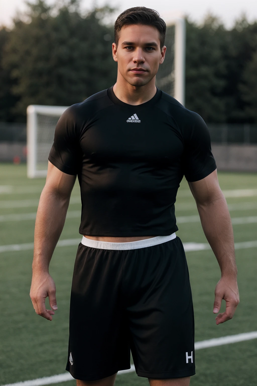 (full body) professional photo of mike_branson <lora:mike_branson-08:0.75> wearing a modern fitted athletic outfit, short-sleeved compression shirt in a bold color, compression shorts and running shoes, posing on a well-maintained football field, goalposts in the background, natural sunlight, (golden hour:0.5), warm soft flattering lighting, epiCPhoto