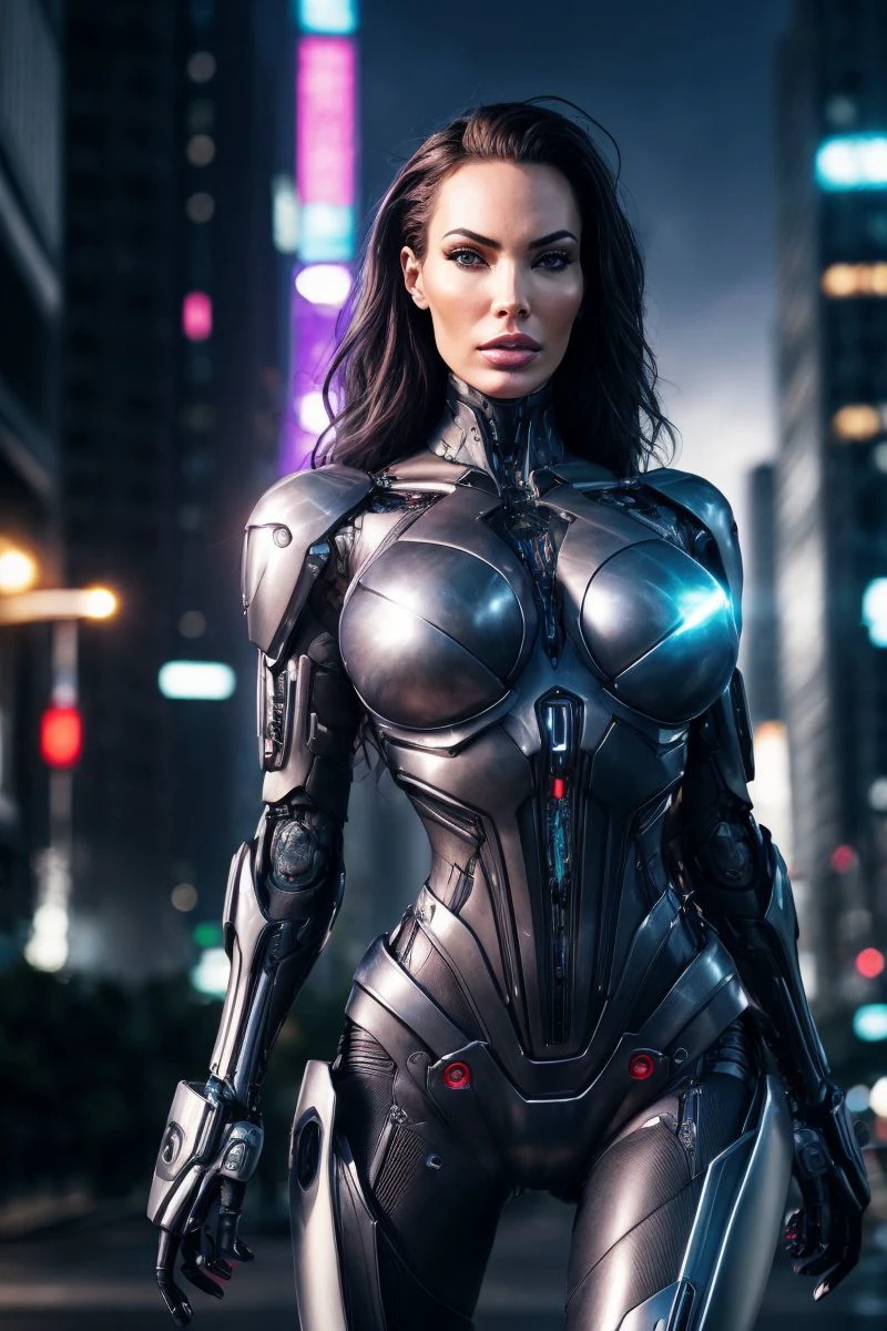 photo of S256_KayleighSwenson,a stunning woman,as a (cyborg), in a (city:1.1),wearing a (mech-suit:1.1),(cyberpunk),(thunderstorm),(4k, RAW photo, best quality, depth of field, ultra high res:1.1),(absurdres, intricate, photorealistic, masterpiece, ultra-detailed:1.2),