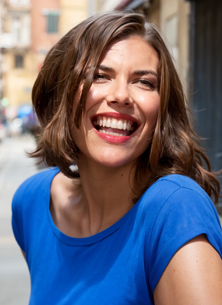 professional photography, portrait of a woman in blue tee, at Firenze, laughing, bold, bright colours, (high detailed skin:1.1)
 <lora:lauren_cohan_lora_v01:1> lauco
