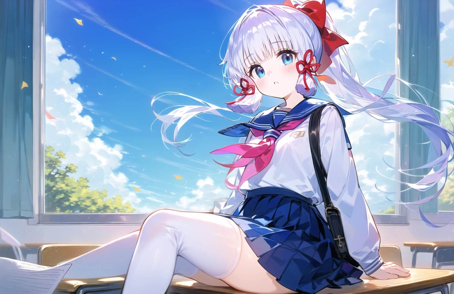 ((masterpiece,best quality)),
1girl, kamisato ayaka, school uniform, solo, skirt, thighhighs, blue eyes, sky, sitting, desk, long hair, serafuku, ponytail, white thighhighs, looking at viewer, bag, bangs, sailor collar, pleated skirt, cloud, shirt, curtains, window, school bag, blue sky, ribbon, long sleeves, blue skirt, hair ribbon, white shirt, bow, indoors, blunt bangs, alternate costume, white hair, hair bow, parted lips, red ribbon, paper, neckerchief, day, floating hair, sidelocks, school desk, wind, blue neckerchief, tress ribbon, blush, on desk,  zettai ryouiki, feet out of frame,