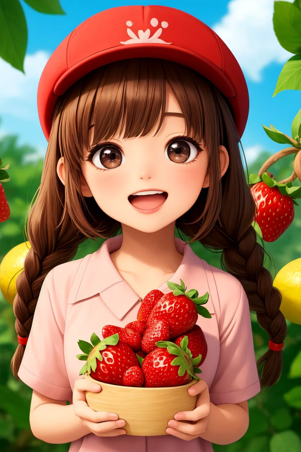 masterpiece, best quality, dramatic, 1girl, solo, long hair, smile, open mouth, bangs, brown hair, hat, strawberry, holding fruit, upper body, braid,chibi, black eyes, twin braids, fruit, red headwear, cropped torso