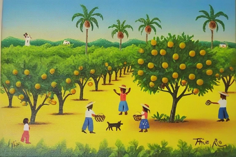 Oil painting on canvas of a lemon tree harvest scene , signed THICA RIO 97, brazil street art style <lora:Brazil_Street_Art>