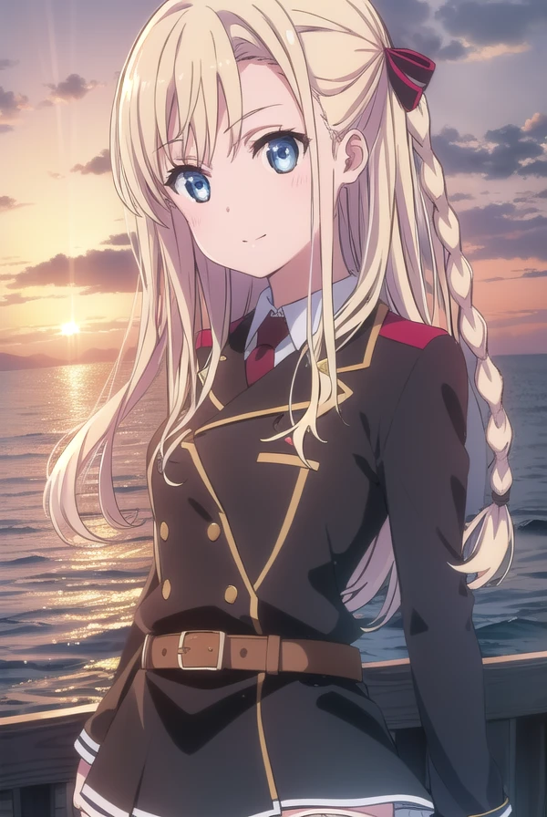mashiromwilhelminabraunschweigingenohlfriedeburgnetani, <lora:wilhelmina braunschweig ingenohl friedeburg s1-lora-nochekaiser:1>,
wilhelmina braunschweig ingenohl friedeburg, long hair, blue eyes, blonde hair, braid, hair braid, single braid, ribbon, hair ribbon, smile,
BREAK skirt, thighhighs, striped, belt, uniform, zettai ryouiki, military, military uniform, striped thighhighs,
BREAK outdoors, ocean, boat, navy,
BREAK looking at viewer, (cowboy shot:1.5),
BREAK <lyco:GoodHands-beta2:1>, (masterpiece:1.2), best quality, high resolution, unity 8k wallpaper, (illustration:0.8), (beautiful detailed eyes:1.6), extremely detailed face, perfect lighting, extremely detailed CG, (perfect hands, perfect anatomy),